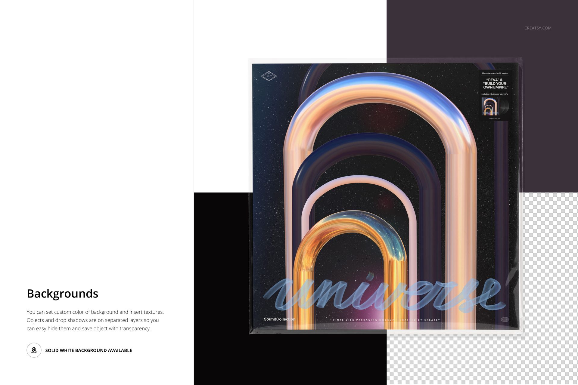 Black vinyl record displayed in a transparent box sleeve mockup, featuring abstract colorful arches on the cover.