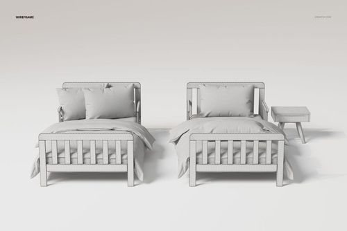 Front view of two kids beds with pillows and blankets in a wireframe style, next to a small bedside table on a plain background.
