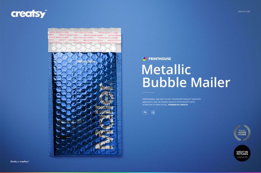 Metallic bubble mailer mockup featuring a reflective blue finish and bubble texture, shown from the front on a solid backdrop.
