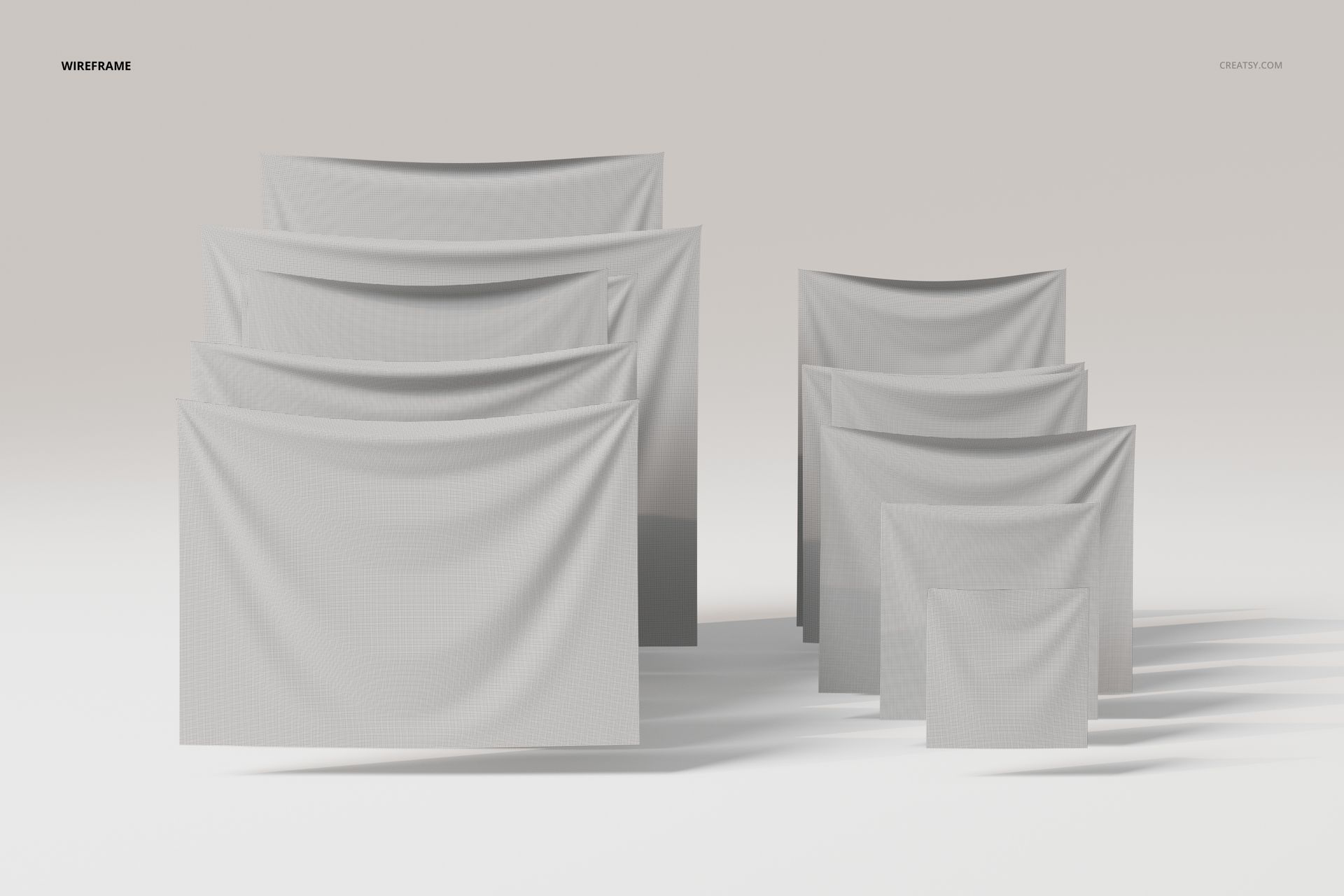 Front view of eight blank wall tapestries in various sizes, arranged in rows on a light background with soft shadows.