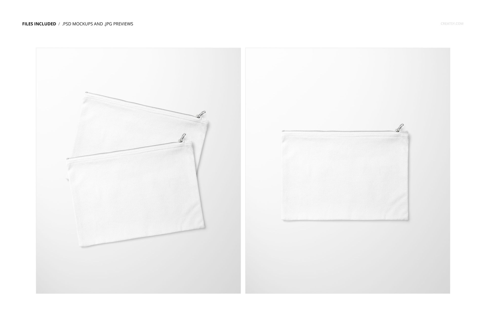 Flat canvas pouch mockup set featuring two white rectangular pouches with zippers, shown on a plain background.