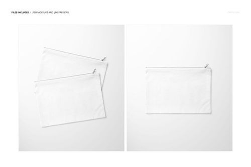 Flat canvas pouch mockup set featuring two white rectangular pouches with zippers, shown on a plain background.