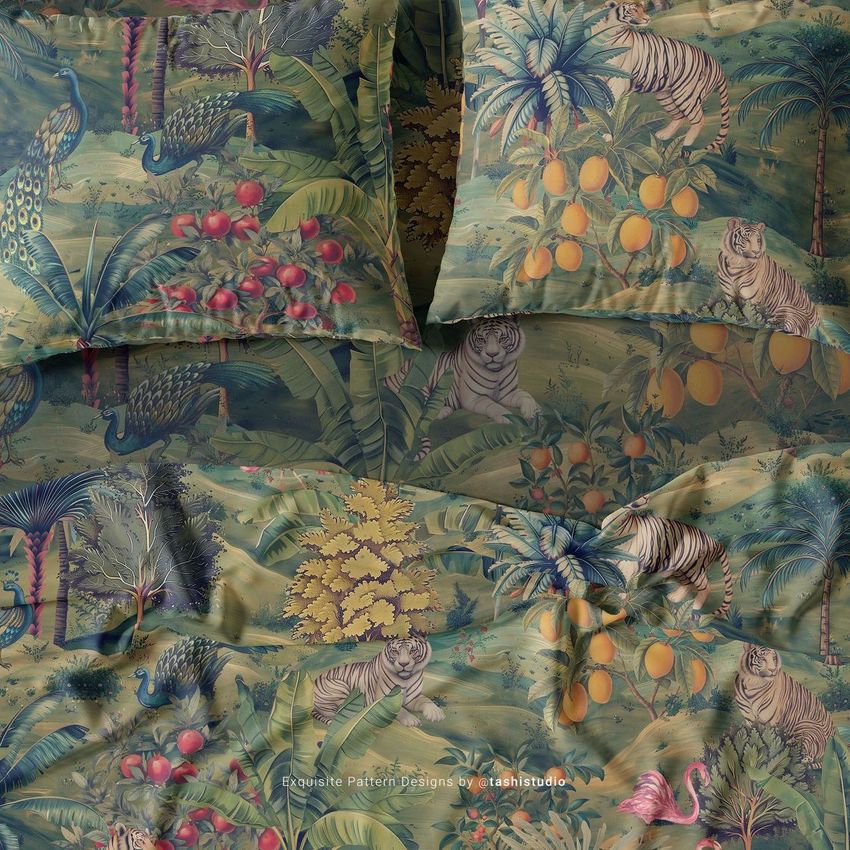 Bedding set mockup featuring a jungle-themed pattern with tigers, peacocks, and tropical foliage in green and yellow tones.