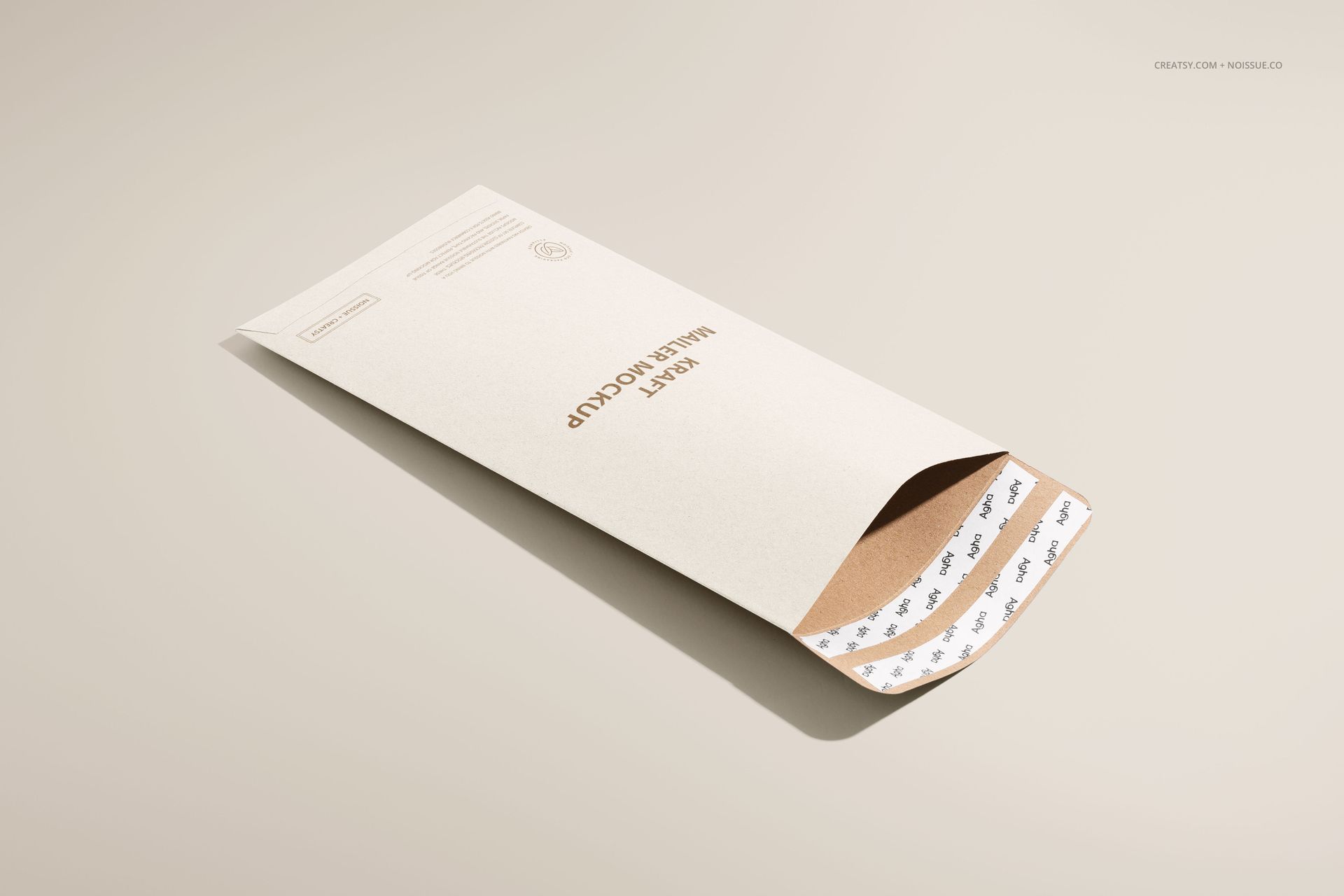 Kraft mailer envelope mockup shown at an angle on a light beige background, partially open to reveal interior flap.