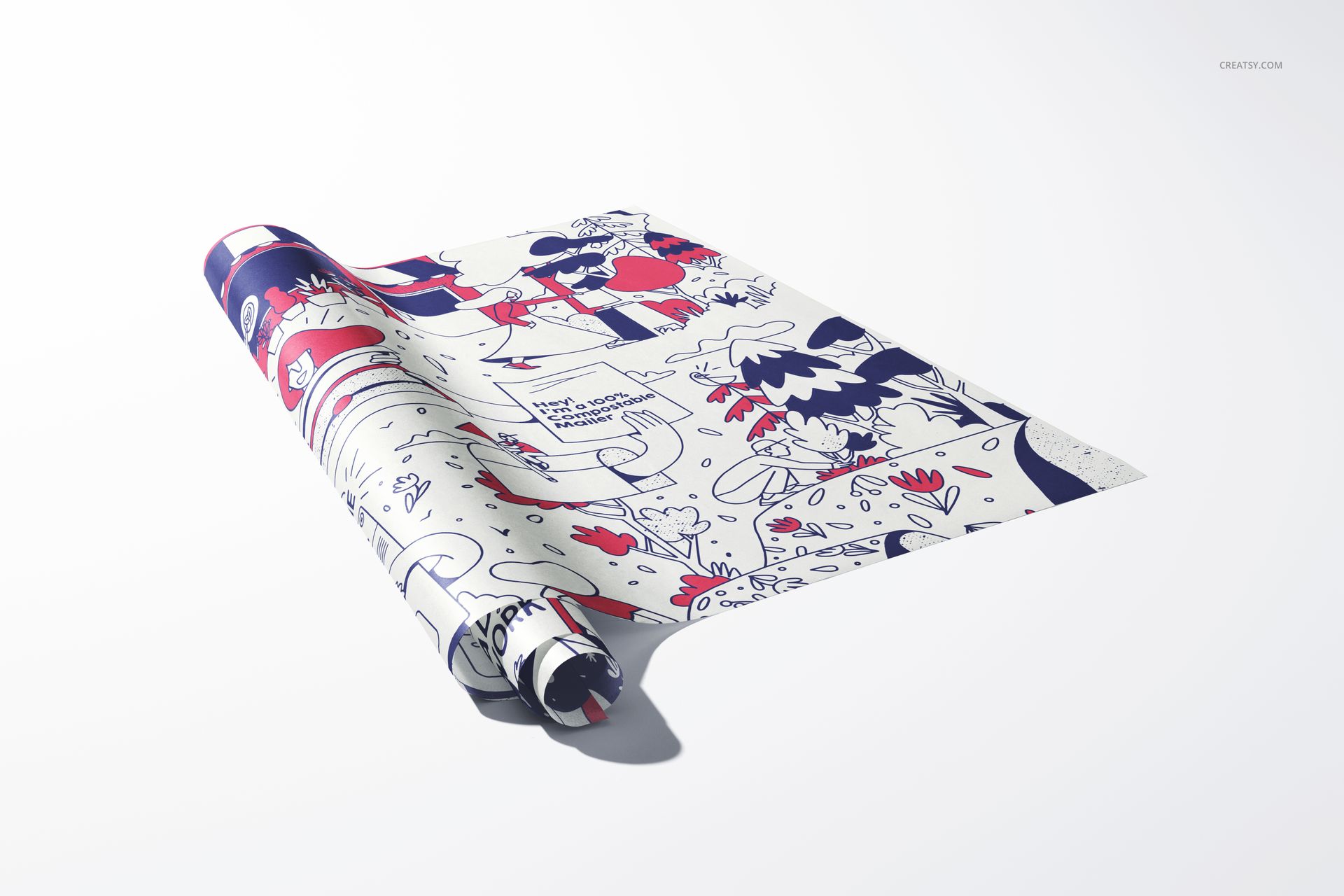 Tissue paper mockup with playful graphic designs in blue, red, and white, shown partially unrolled at an angle.