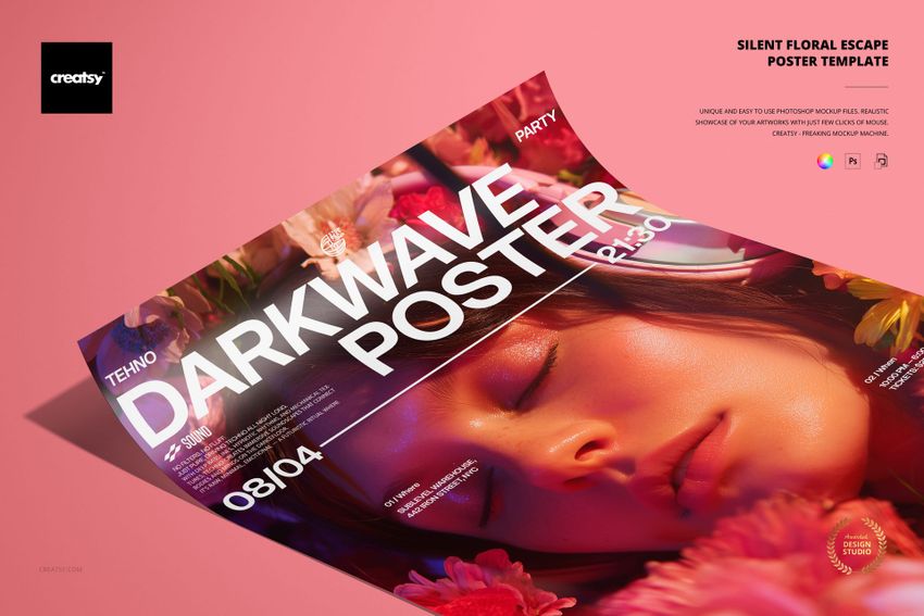 PSD mockup of a poster showing a close-up of a woman's face among vibrant flowers and large white typography.