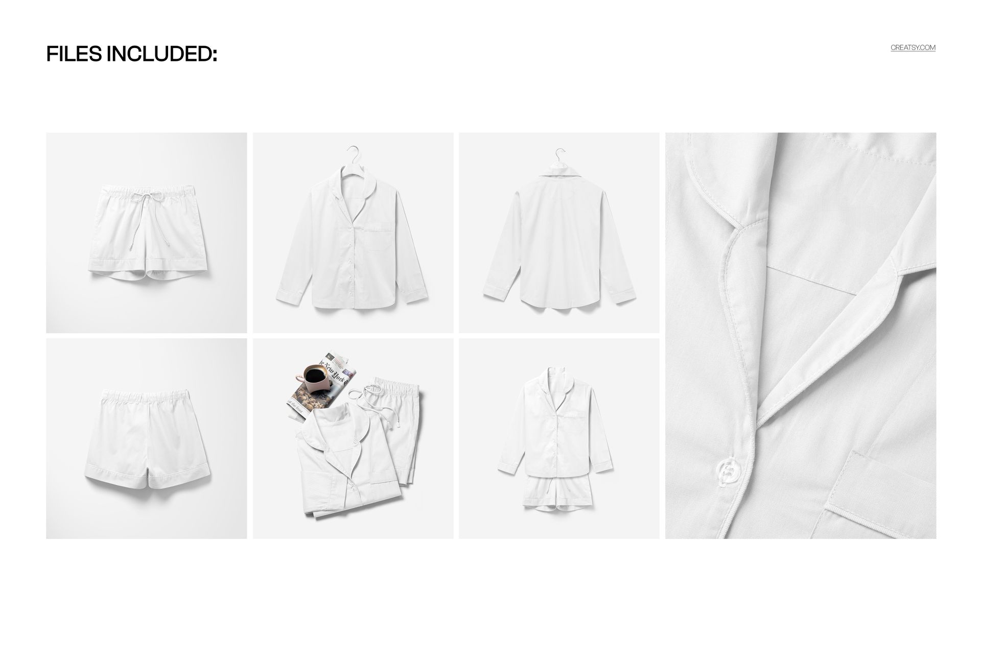 Long-sleeve pajama set and shorts mockup displayed in various views, including close-up and flat lay, on a white background.