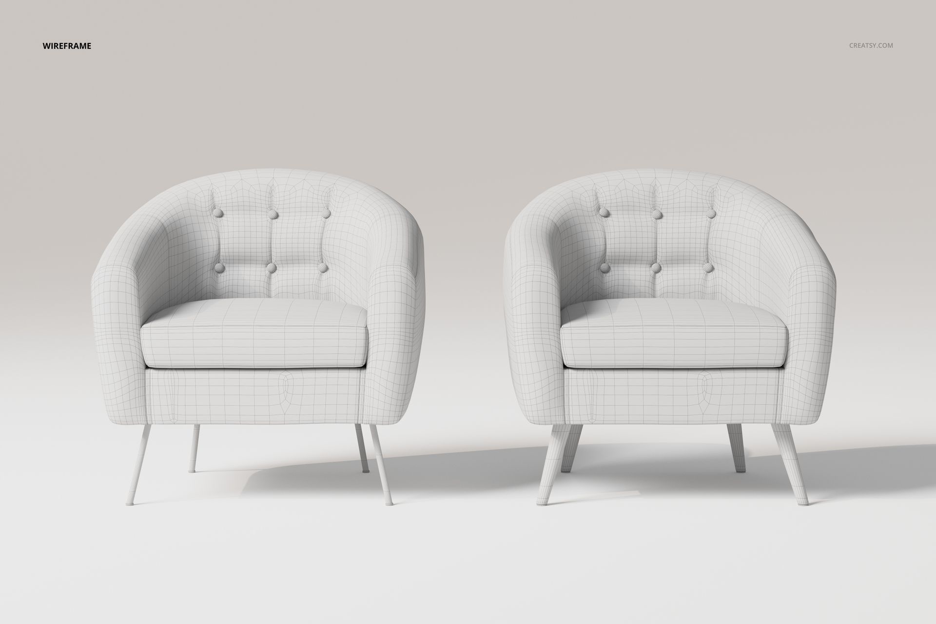 Front view of two button upholstered armchairs with rounded backs and white wireframe texture in a minimal setting.