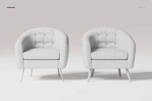Front view of two button upholstered armchairs with rounded backs and white wireframe texture in a minimal setting.