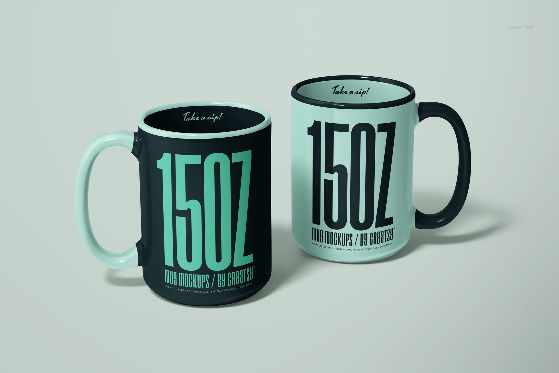 Front view of two 15oz mug PSD mockups featuring prominent typography and color-blocked handles on a neutral background.