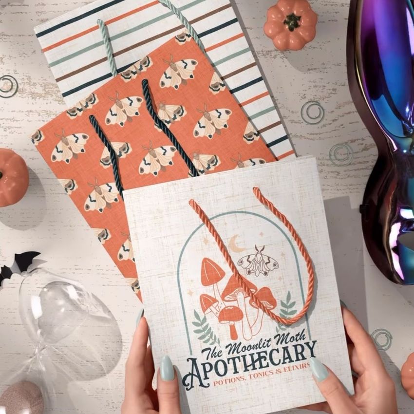 Halloween paper gift bag mockup featuring a hand holding a bag with illustrated mushrooms and moths, surrounded by themed props.