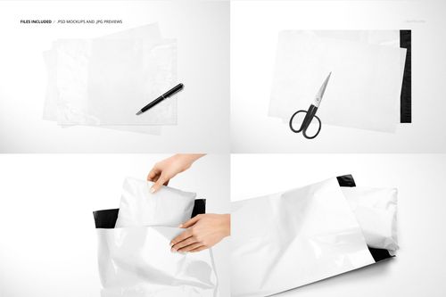 Mailer bag and white tissue paper mockup set shown from various angles, including close-ups with scissors and pen.