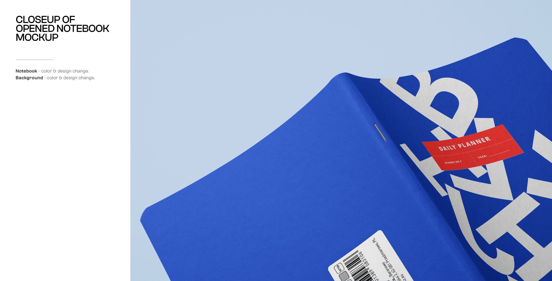 Opened notebook mockup with a vivid blue cover, large white text, and a red label, shown from a close perspective.