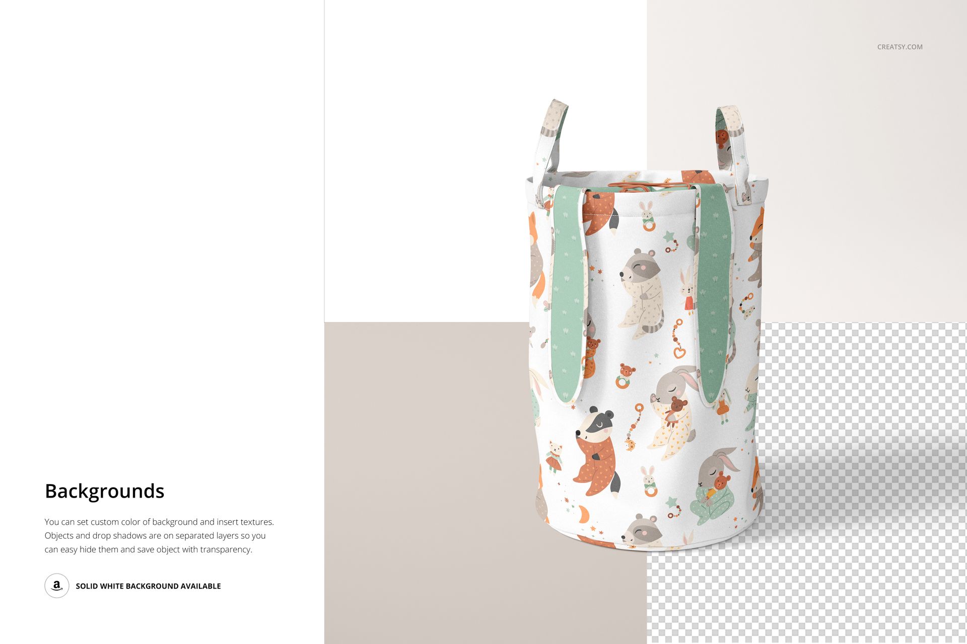 PSD mockup of a children's storage basket with whimsical animal designs, presented front-facing on a split white and transparent background.