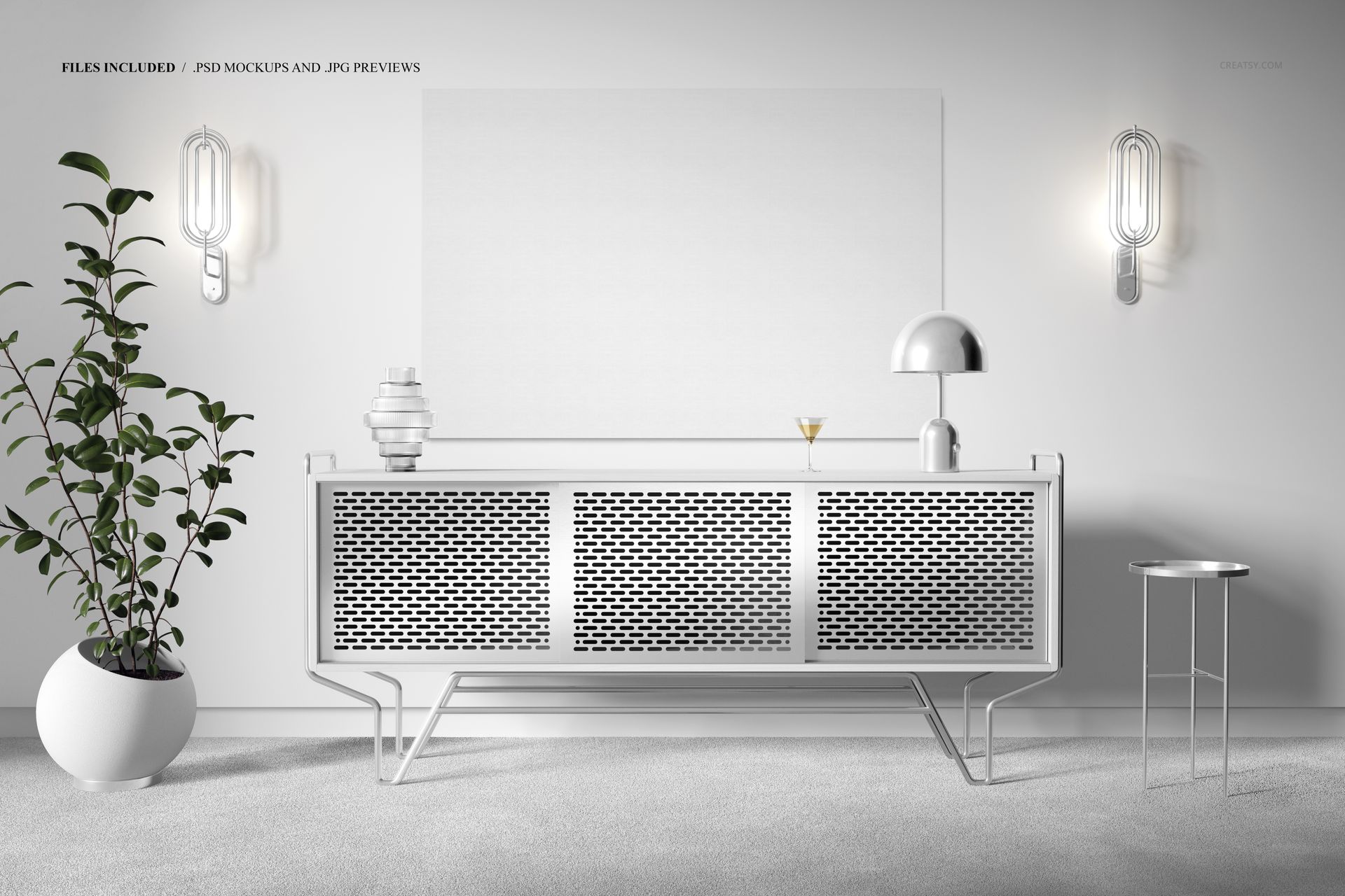 Front view of a modern art deco sideboard in white with geometric pattern, canvas print mockup on wall, minimal decor.