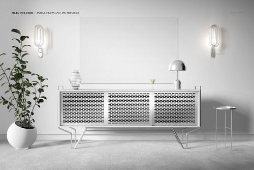 Front view of a modern art deco sideboard in white with geometric pattern, canvas print mockup on wall, minimal decor.