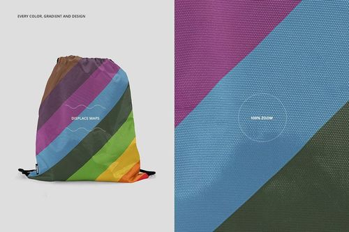 Drawstring bag with diagonal rainbow stripes displayed on a neutral background, shown in a front view mockup.