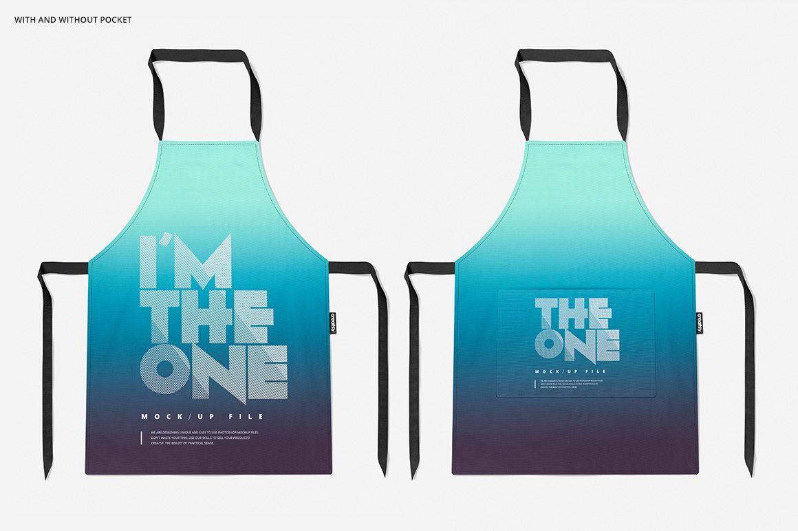 Apron mockup set showing two aprons side by side, both with black neck and waist straps and bold gradient design.