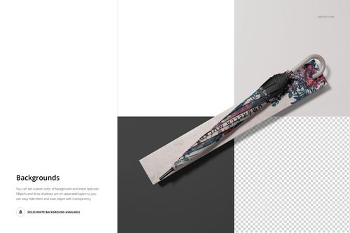 Umbrella with a floral design inside a sleeve, shown on a mockup with white, black, and transparent background sections.