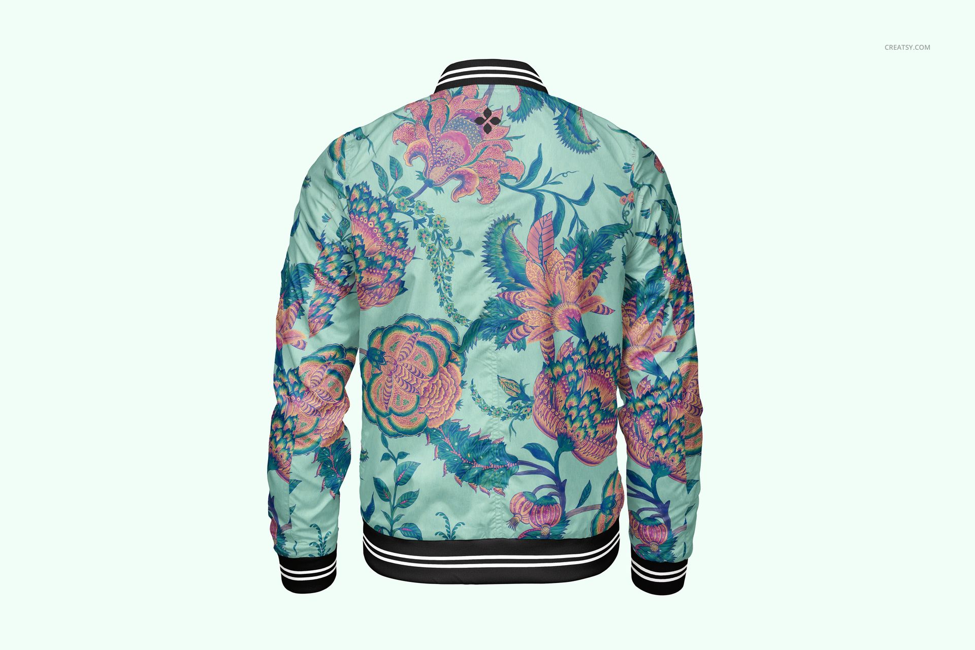 Back view of a men's bomber jacket mockup with a colorful floral pattern on a light mint background.