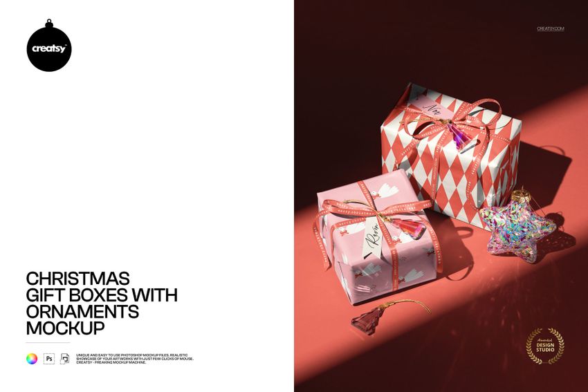 PSD mockup of holiday gift boxes featuring ribbons and shiny ornaments on a red background, top perspective.