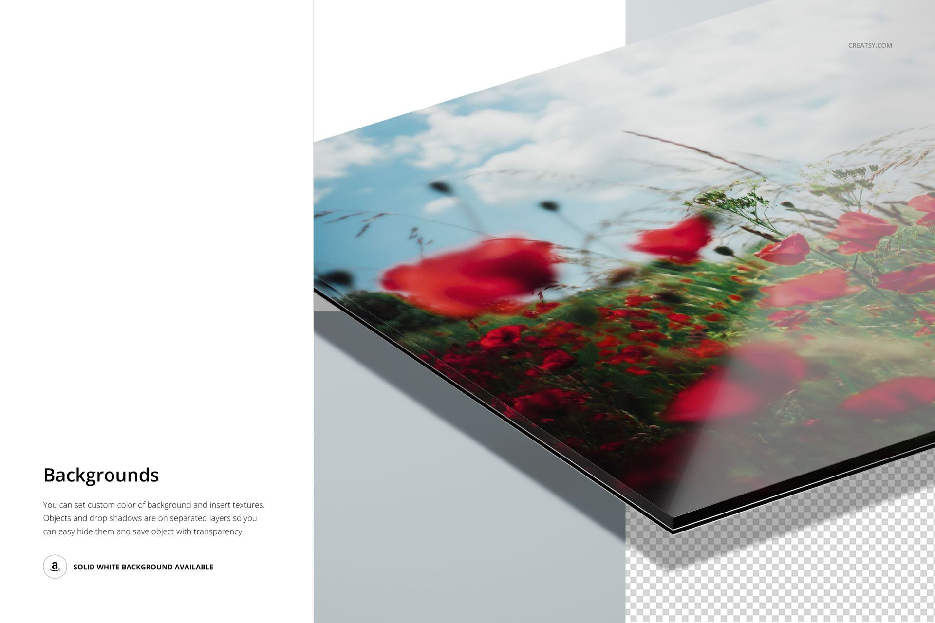 Detailed mockup of a glossy acrylic glass print featuring red flowers, layered on a dibond aluminum panel in perspective.