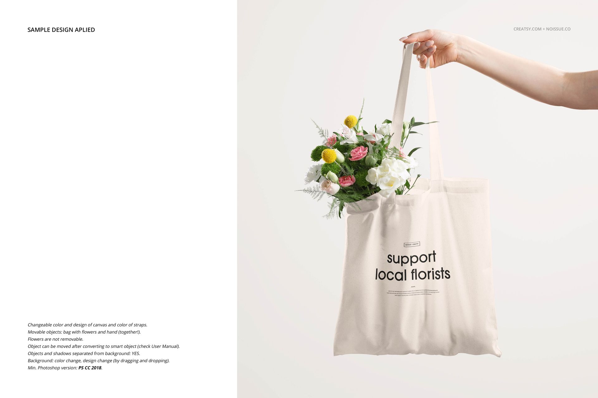 Front view of a cream tote bag mockup held by a hand, featuring printed text and filled with fresh flowers.