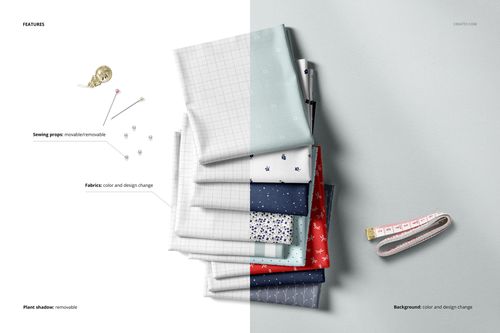 Fabric stack mockup featuring multiple folded textiles in blue, red, and white tones, viewed from above.