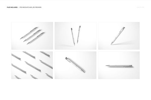 Set of silver pens displayed in various arrangements and angles on white backgrounds, stationery mockup scene.