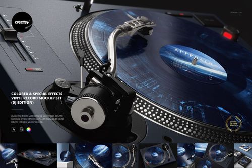DJ edition PSD mockup featuring a blue special effects vinyl record spinning on a modern turntable setup.