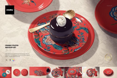 PSD mockup showing a round ceramic plate with intricate floral design, dessert, and spoon in an elegant table setting.