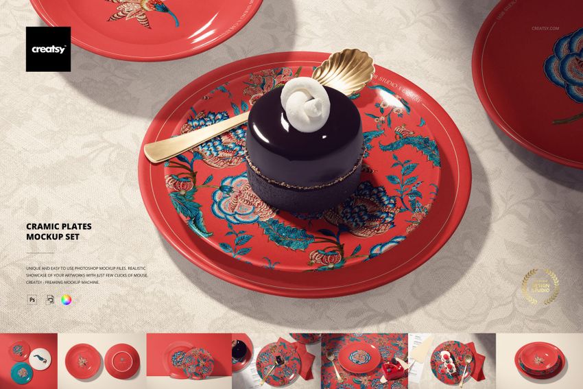 PSD mockup showing a round ceramic plate with intricate floral design, dessert, and spoon in an elegant table setting.