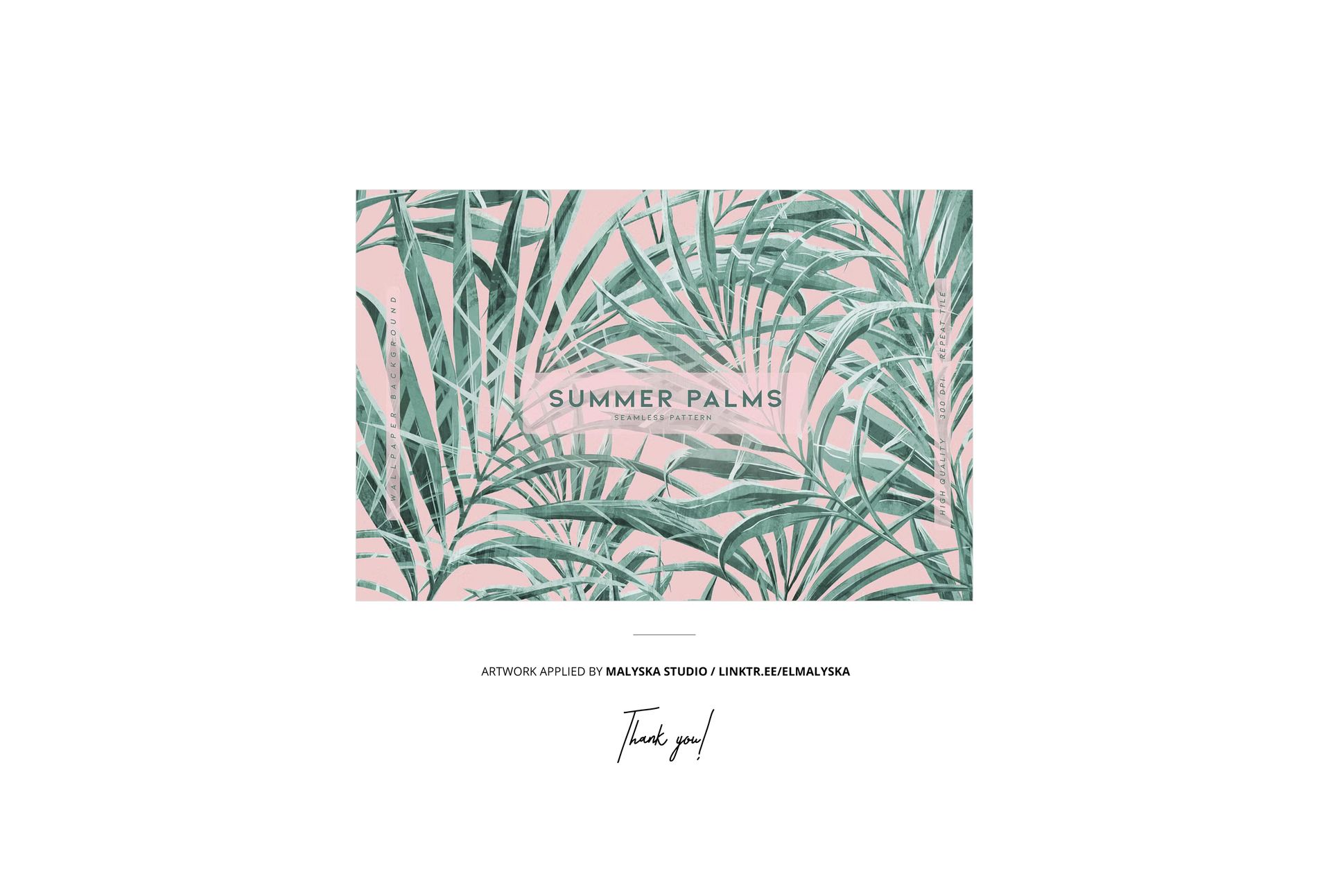 Fabric swatch mockup featuring green palm leaf pattern on a pink background, viewed from above on a sewing desk.