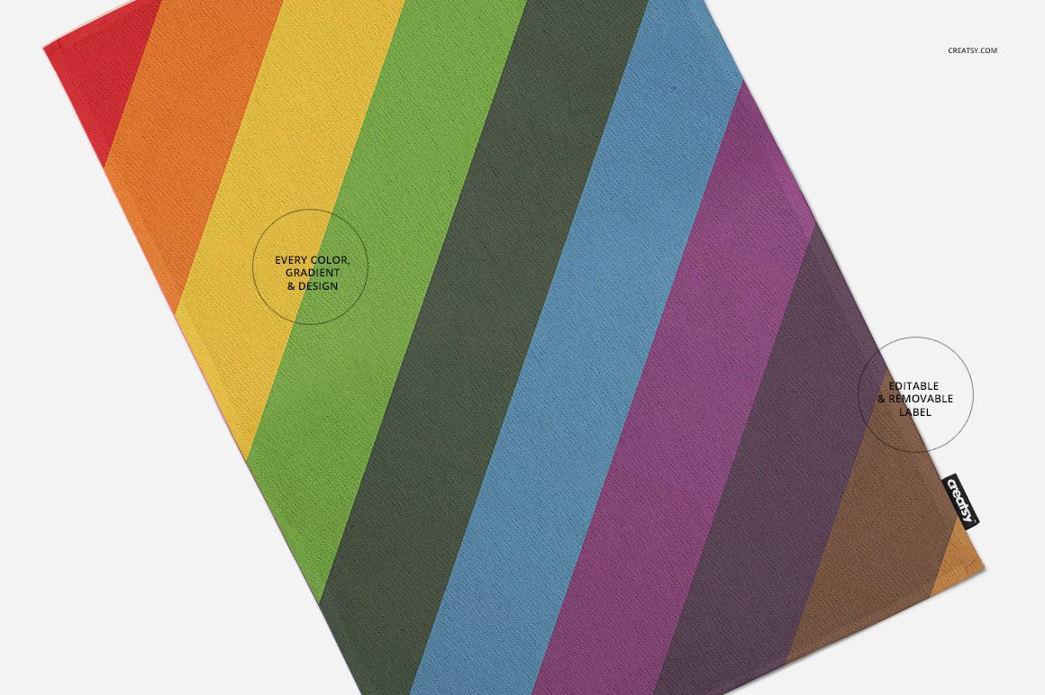 Kitchen towel mockup featuring diagonal rainbow stripes, shown from a top view on a white background.