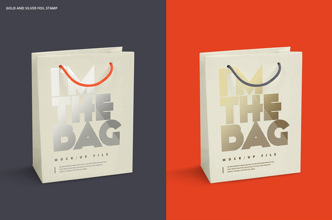 Paper bag PSD mockup featuring metallic stamped text, shown against dark blue and bright red backgrounds.
