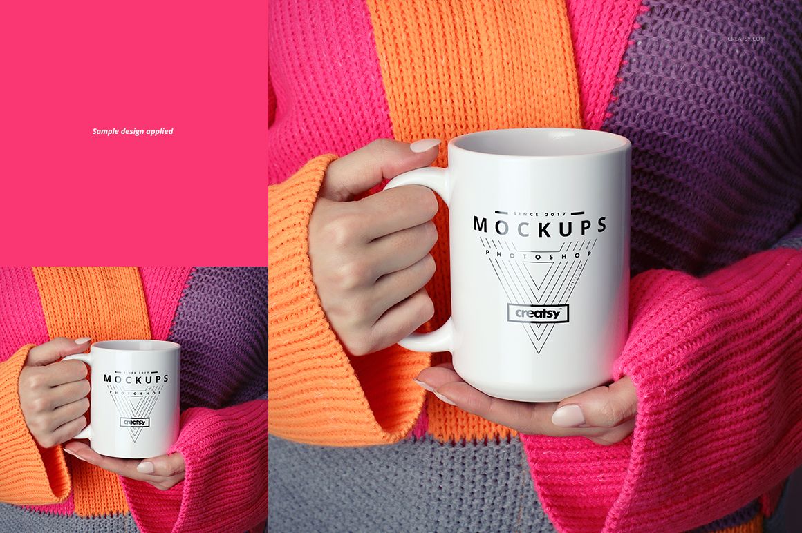 Front view of a white ceramic mug held by hands in a colorful pink, orange, and purple sweater, featuring a geometric mockup design.
