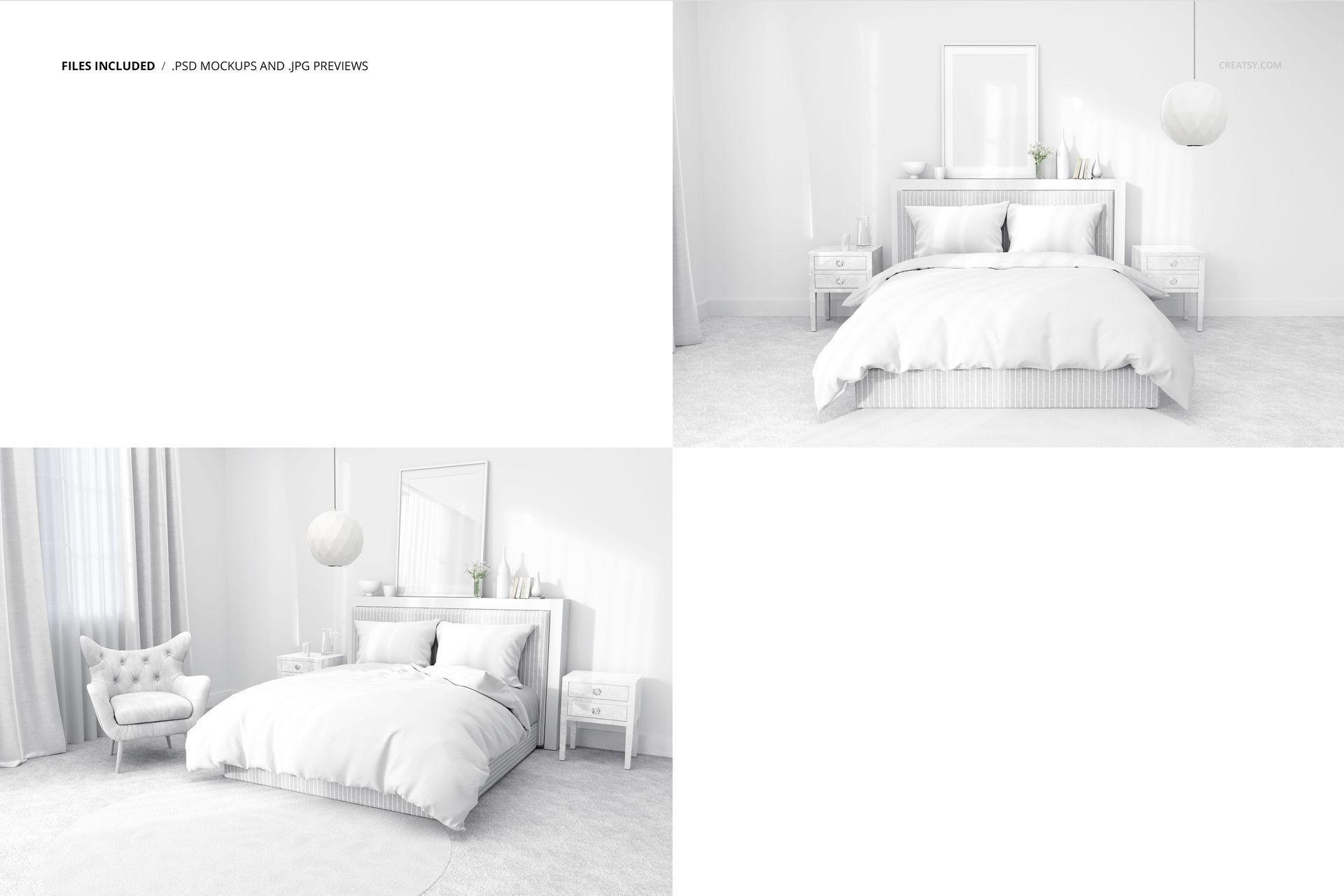 White bedding set mockup in a modern bedroom, front view showing bed, headboard, nightstands, and pendant lamp.