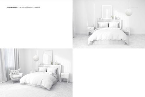 White bedding set mockup in a modern bedroom, front view showing bed, headboard, nightstands, and pendant lamp.