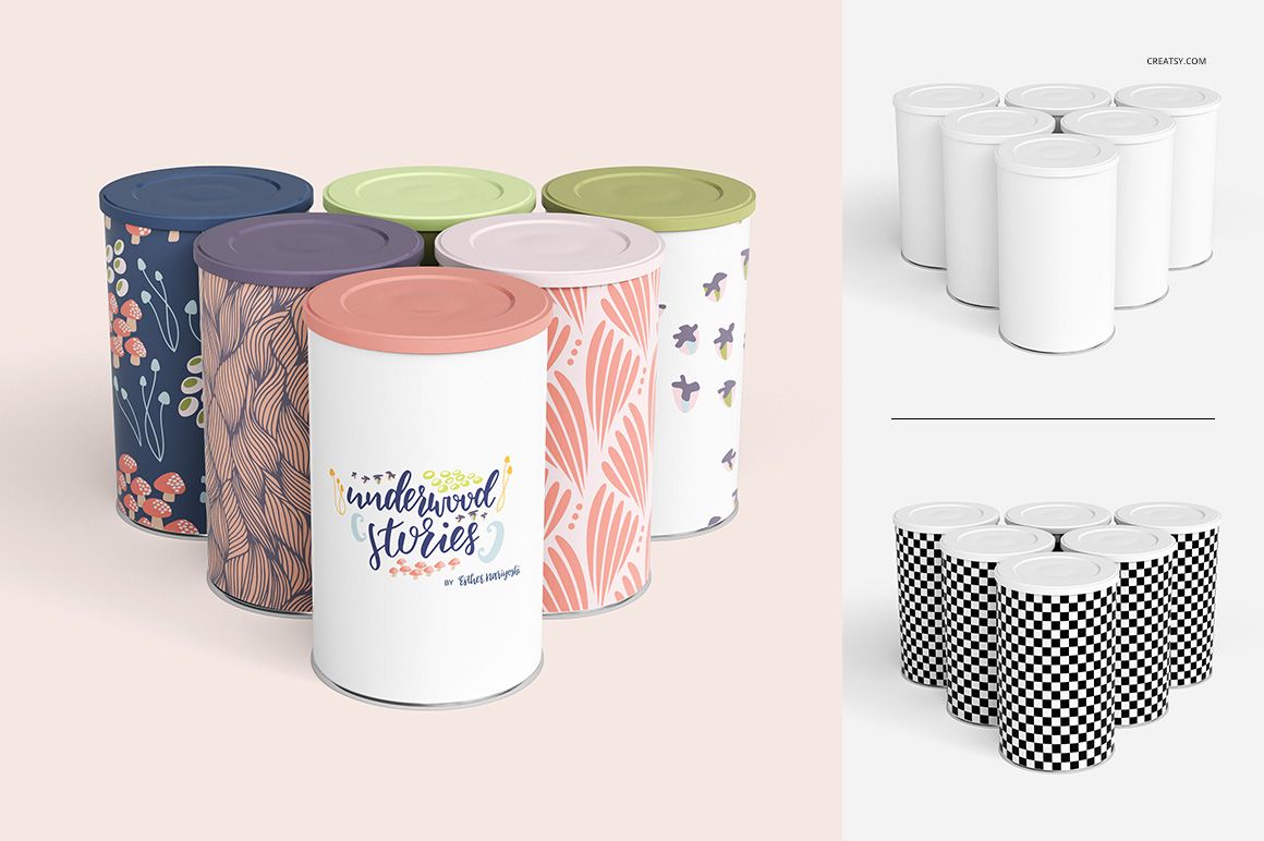 PSD mockup of tin canisters featuring blank and patterned surfaces, arranged in multiple groups on a light surface.