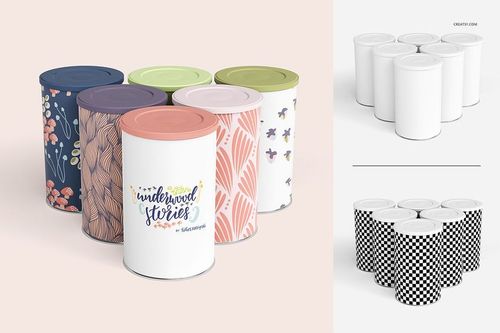 PSD mockup of tin canisters featuring blank and patterned surfaces, arranged in multiple groups on a light surface.