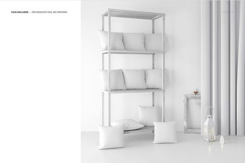 PSD mockup showing several plain square pillows stacked on shelves in a softly lit, modern living space.