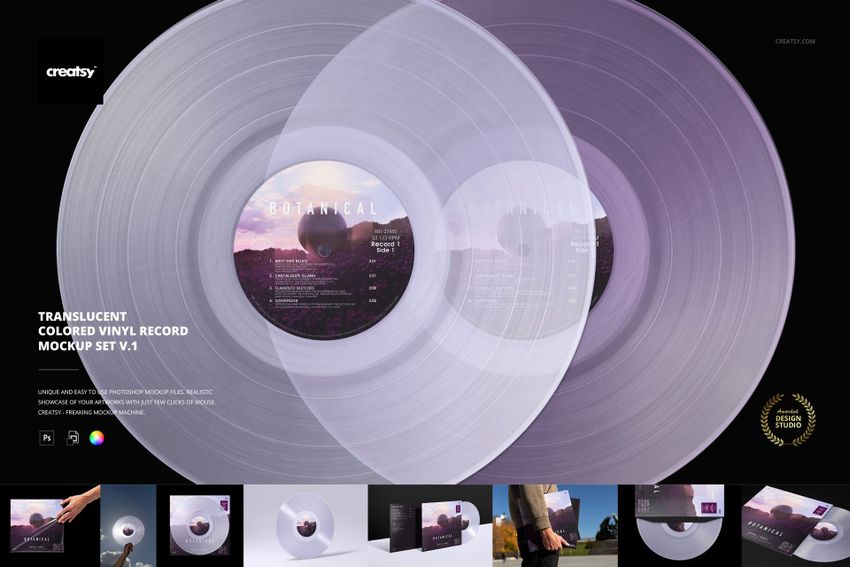 PSD mockup featuring translucent vinyl records in soft colors, arranged side by side with detailed label designs.