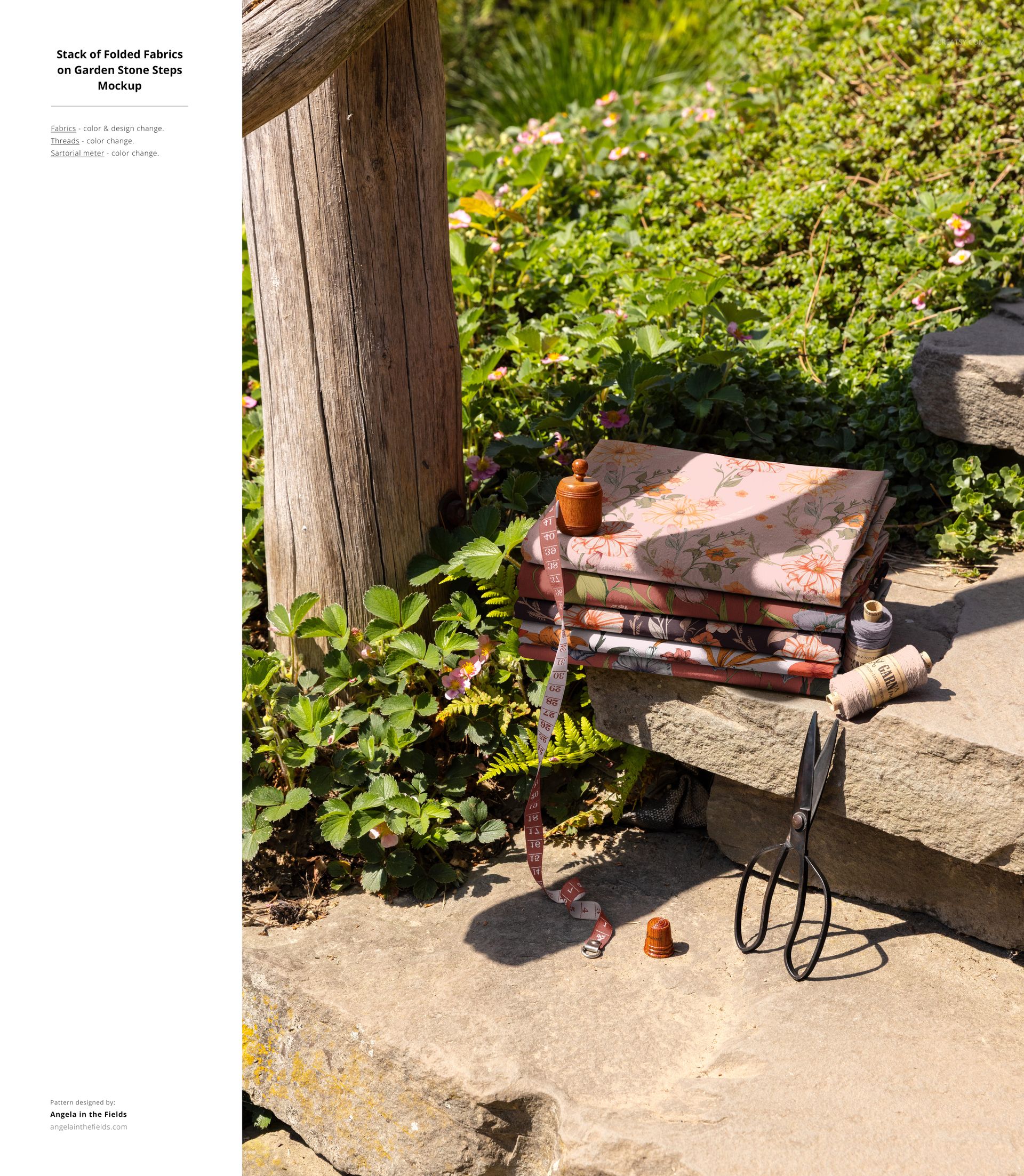 PSD mockup featuring several decorative fabric samples on stone stairs in a garden setting, with sewing accessories visible.