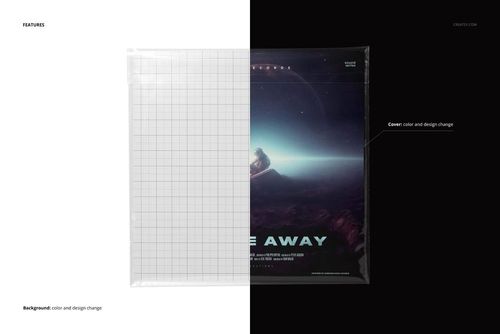 Vinyl record album mockup with clear sleeve, split between blank grid and illustrated night sky cover, front perspective.