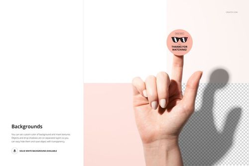 Sticker PSD mockup displaying a round label on a fingertip, set against a clean, geometric backdrop with soft colors.