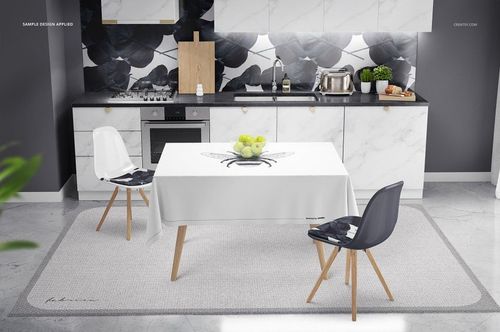 Contemporary kitchen mockup with marble cabinets, patterned wall, table with cloth, and two chairs on a light rug.