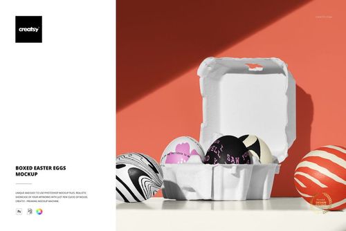 PSD mockup featuring patterned Easter eggs in a white carton, with shadows cast on a minimalist orange backdrop.