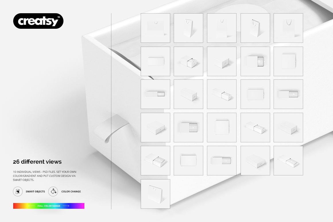 Grid of white packaging mockups including boxes and bags, each shown from different perspectives on a neutral surface.