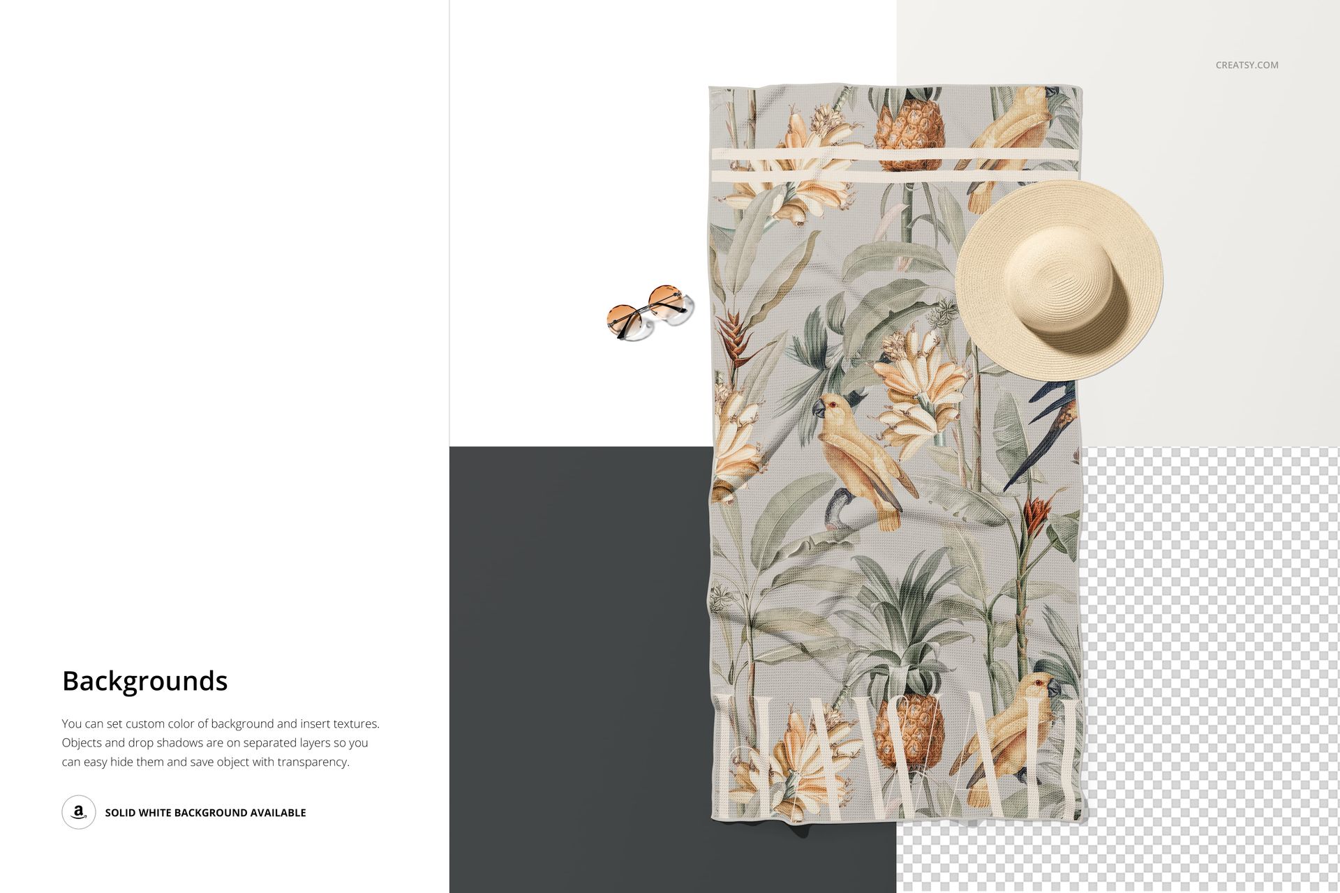 Top view of a patterned waffle beach towel mockup featuring tropical plants, birds, sunglasses, and a straw hat.