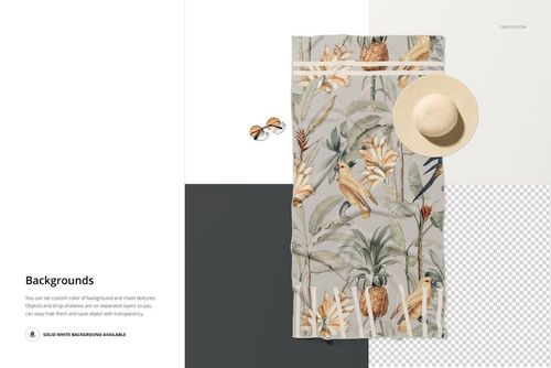 Top view of a patterned waffle beach towel mockup featuring tropical plants, birds, sunglasses, and a straw hat.